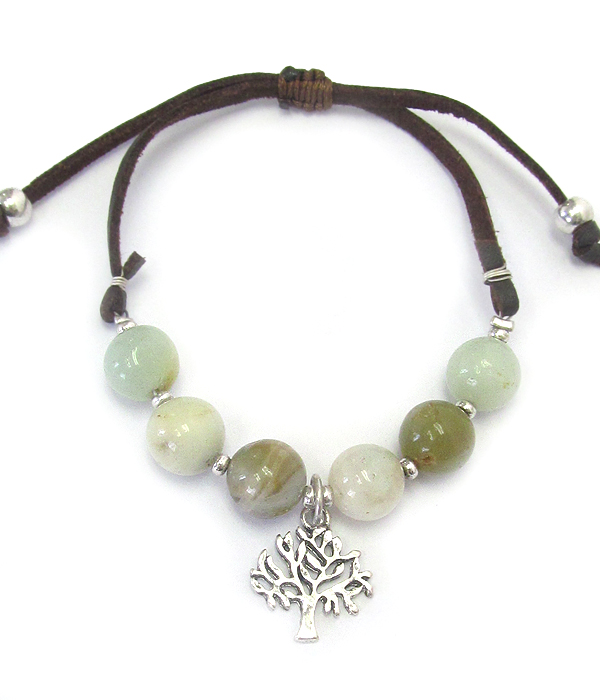 Multi ball stone and tree of life charm pull tie bracelet