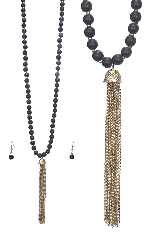 Fine chain tassel and multi ball bead long necklace set