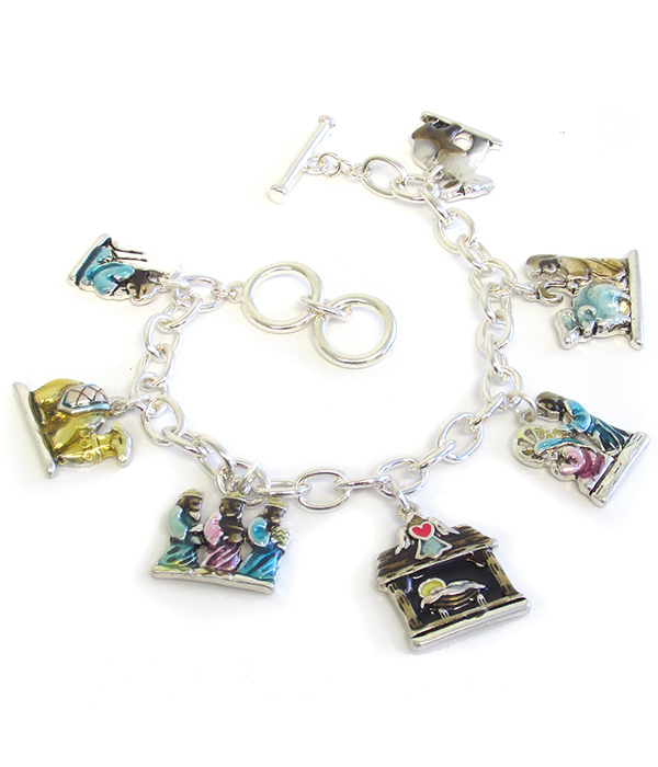 Religious theme epoxy multi charm toggle bracelet - jesus born christmas