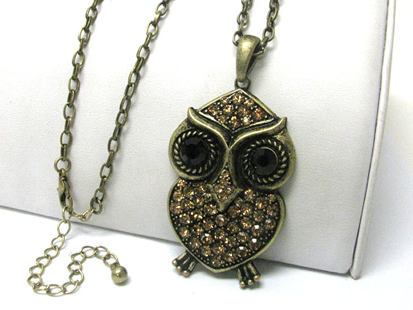 Crystal stud burnish metal owl pendant long necklace