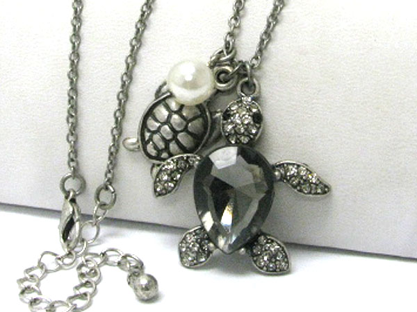 Crystal stud burnish metal dual turtle charm dangle long necklace