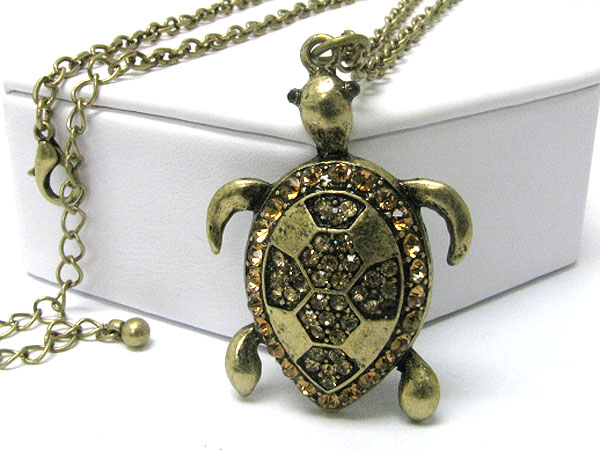 Crystal stud burnish metal turtle pendant long necklace
