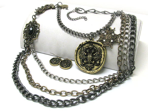 Multi layer antique metal chain and charm dangle necklace earring set