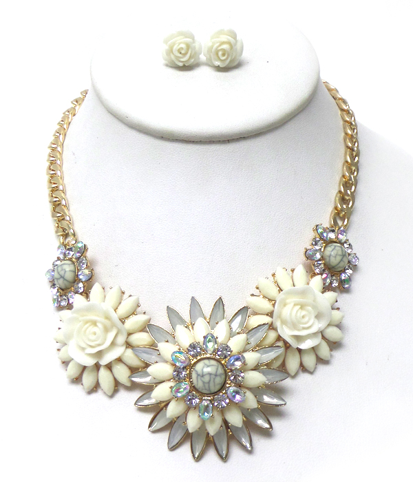 Acrylic facet and crystals flower necklace set 