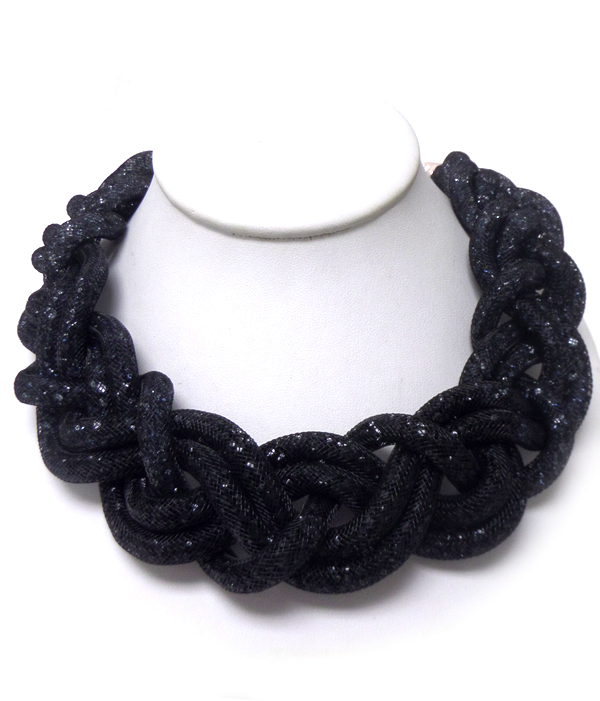 Crystal beads inside twisted mesh tube necklace set 