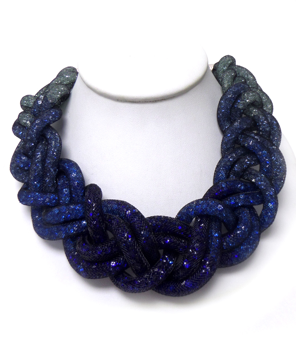 Crystal beads inside twisted mesh tube necklace set 