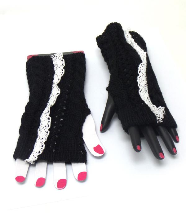 Knit with lace open fingertip knit glove