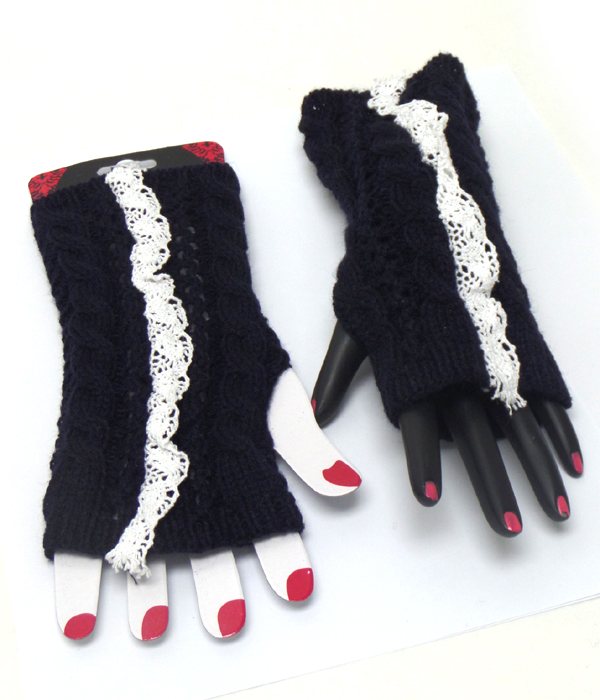Knit with lace open fingertip knit glove