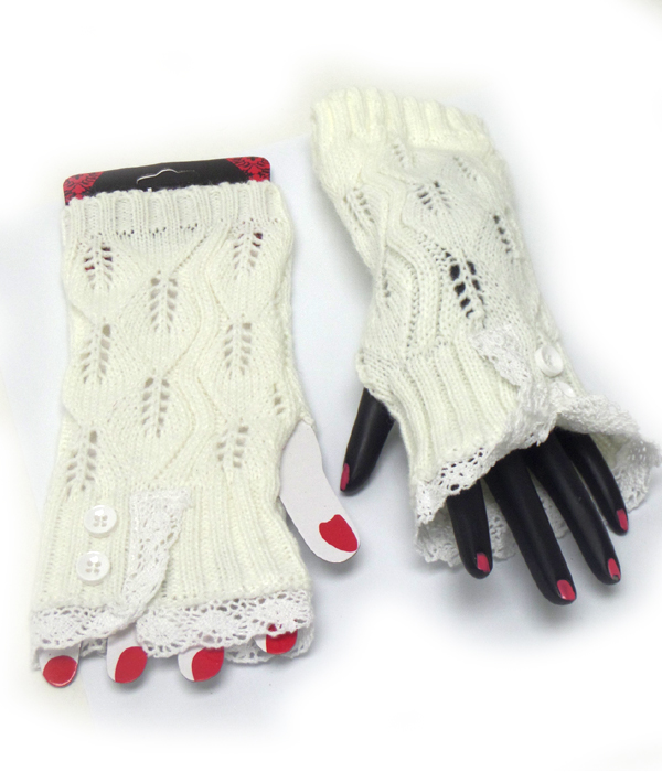 Knit with lace open fingertip knit glove 