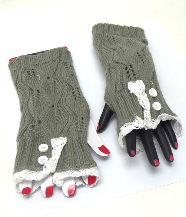 Knit with lace open fingertip knit glove