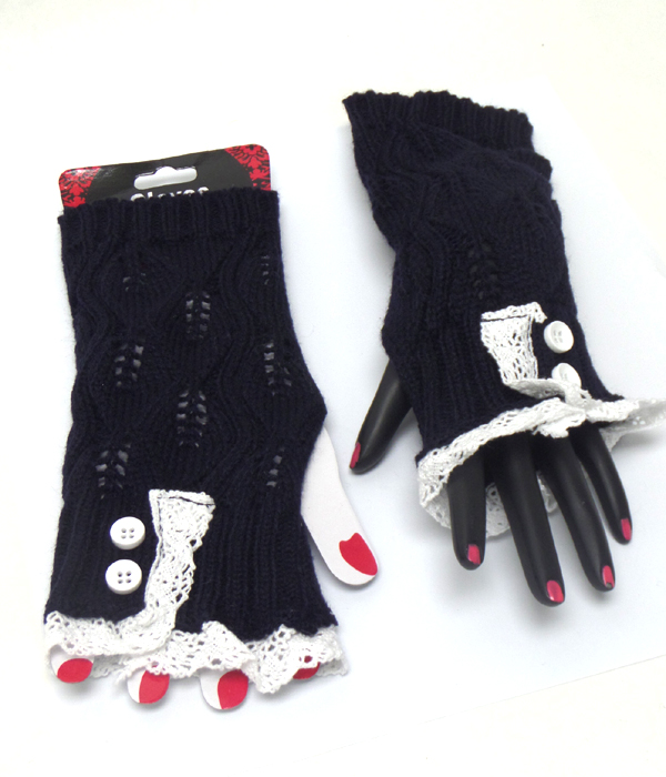Knit with lace open fingertip knit glove 