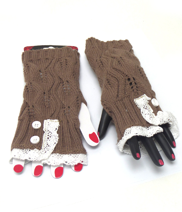 Knit with lace open fingertip knit glove 