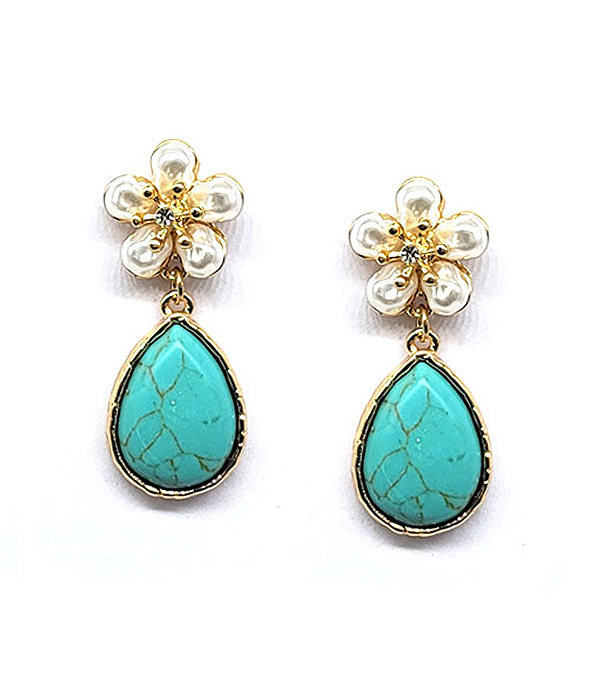 PEARL FLOWER AND TURQUOISE TEARDROP EARRING