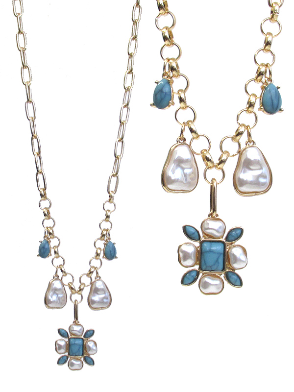 PEARL AND TURQUOISE FLOWER PENDANT NECKLACE SET