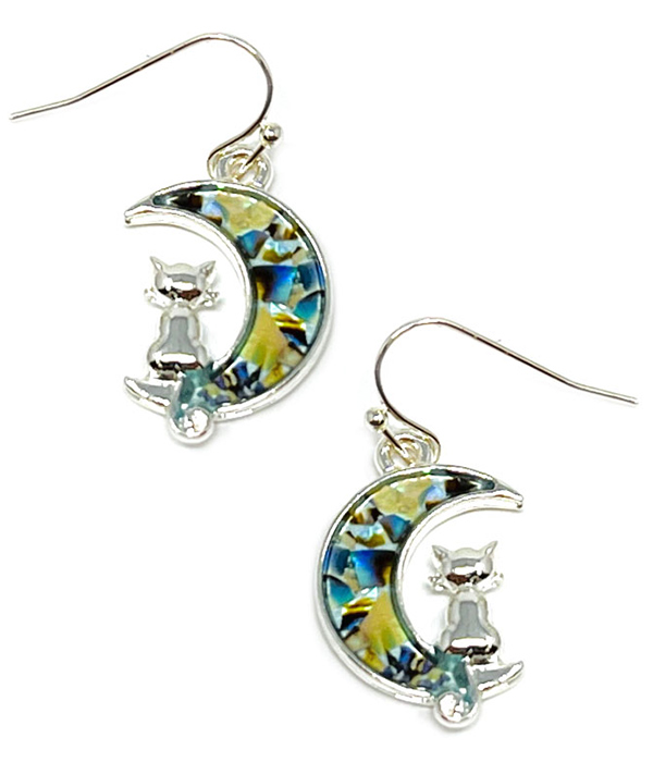Cat and moon abalone earring