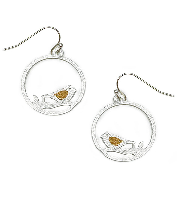 SCRATCH METAL BIRD ON BRANCH HOOP EARRING