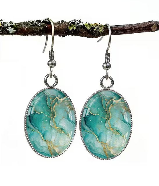 Teal marble and gold oval earring