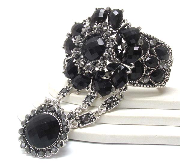 Crystal and facet acrylic stone deco flower with three line crystal conetted on ring hinge bangle and ring set