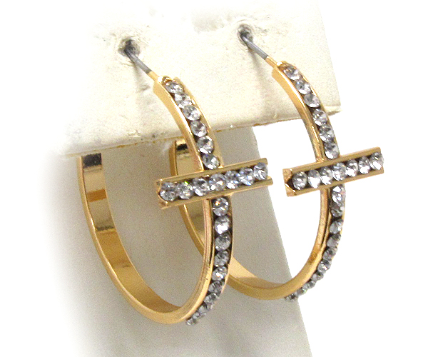 Half crystal and plain cross metal casting  hoop earring - hoops