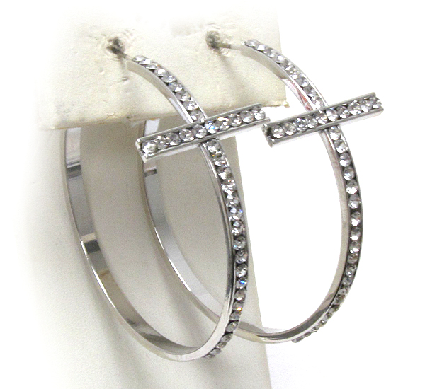 Half crystal and plain cross metal casting  hoop earring - hoops