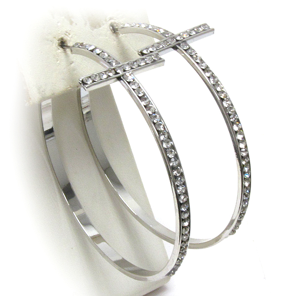 Half crystal and plain cross metal casting  hoop earring - hoops