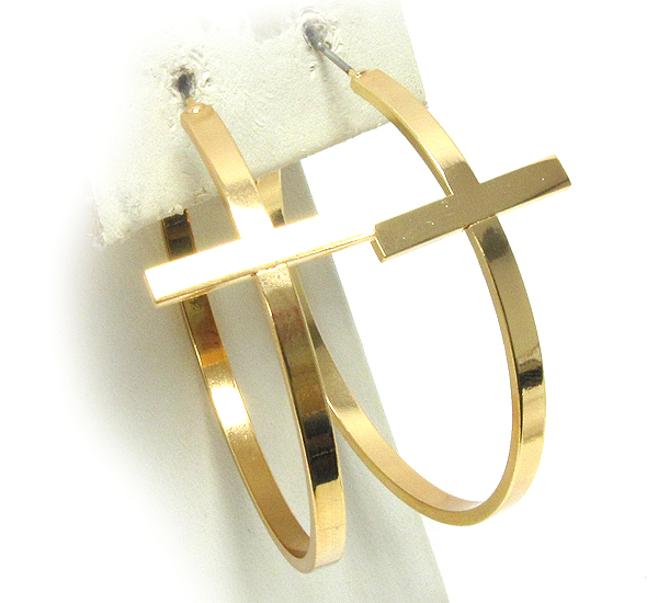 Metal plain cross casting hoop earring - hoops