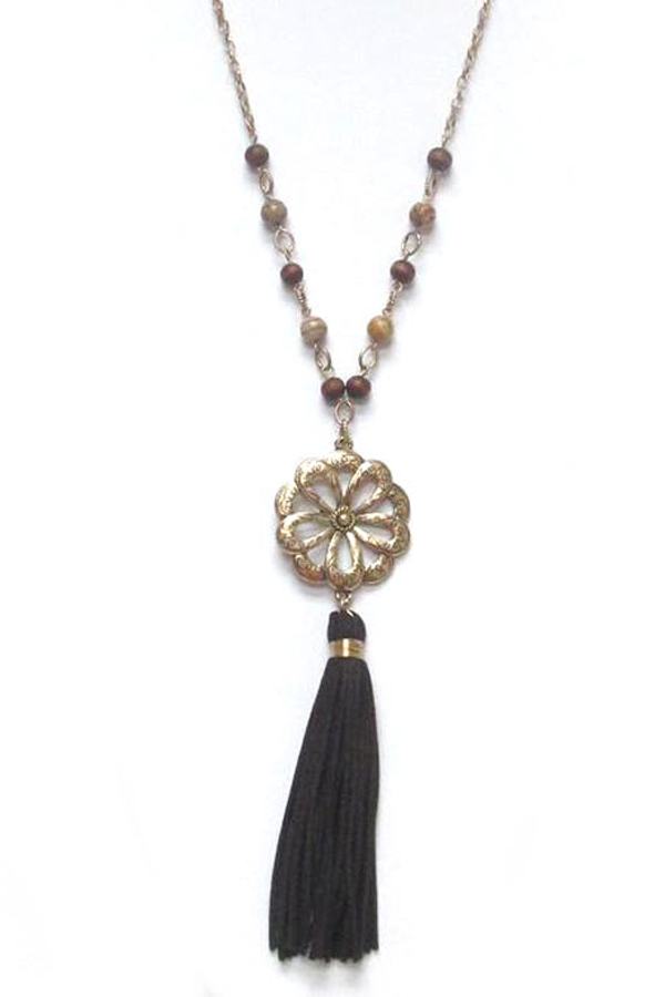 Suede stones with flower  tassel drop necklace