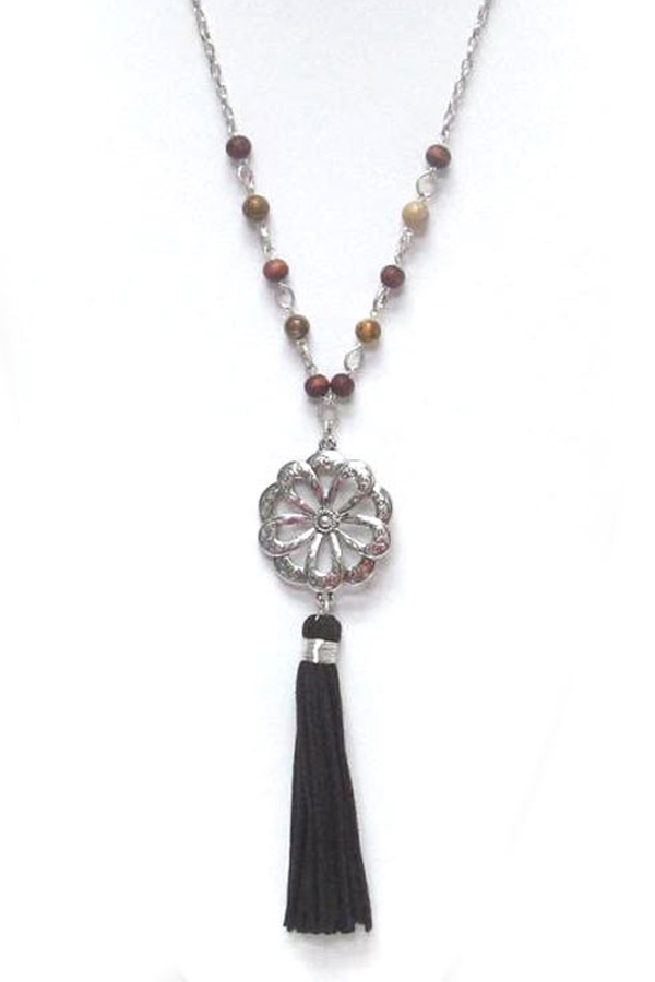 Suede stones with flower  tassel drop necklace 