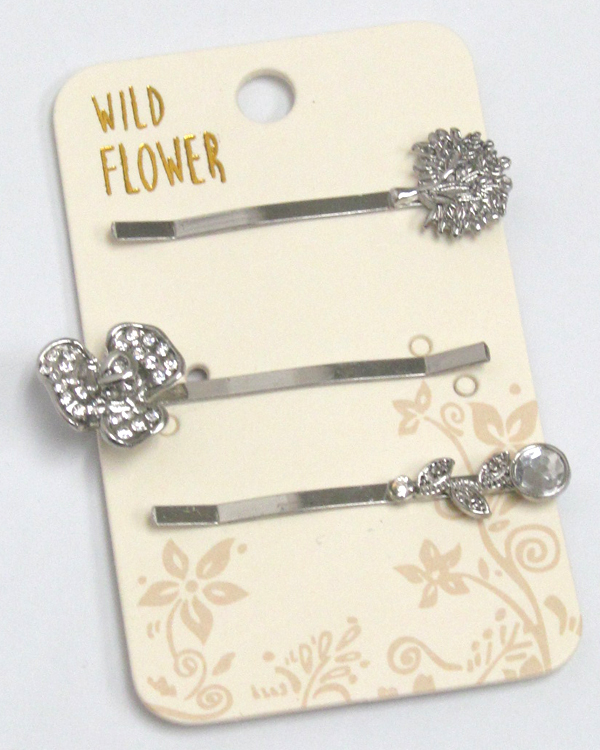 Boho style metal textured set of three hair pins 
