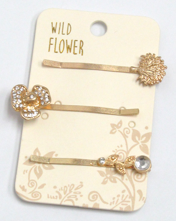 Boho style metal textured set of three hair pins