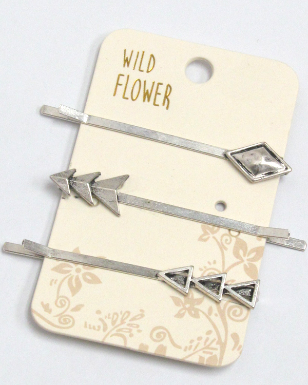 Boho style metal textured set of three hair pins 