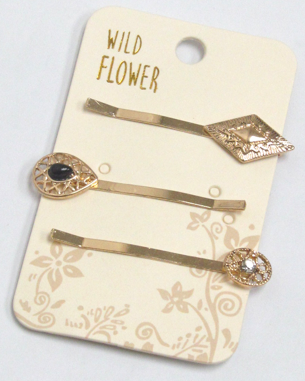 Boho style metal textured set of three hair pins