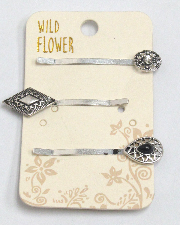 Boho style metal textured set of three hair pins