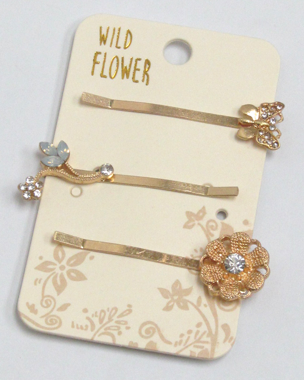 Boho style metal textured set of three hair pins