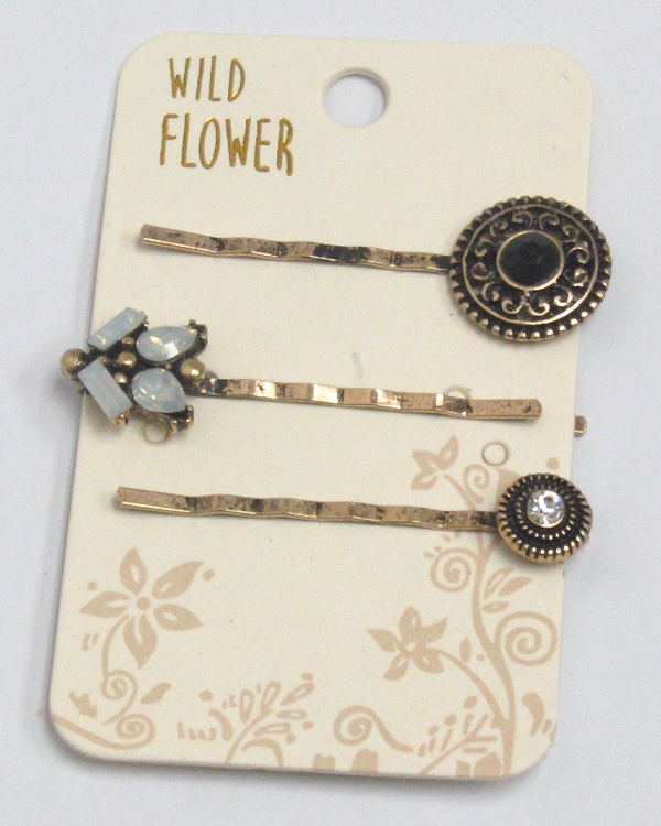 Boho style metal textured set of three hair pins 