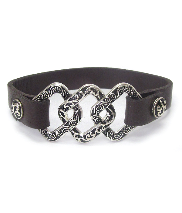 Designer textured triple square link and snap on leather bracelet