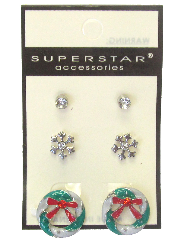 Christmas theme 3 pair earring set - wreath