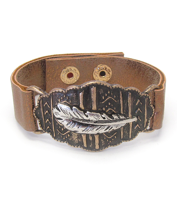 Vintage metal leather band bracelet - feather