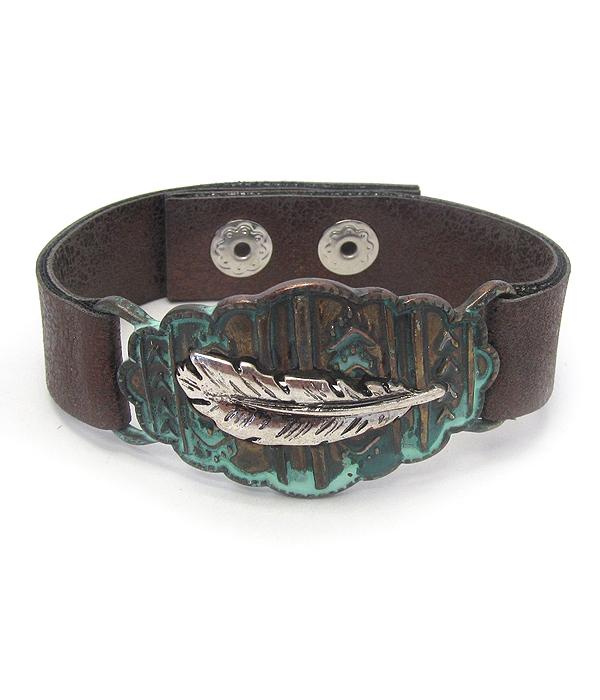 Vintage rustic metal leather band bracelet - feather