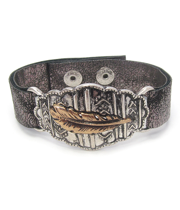 Vintage metal leather band bracelet - feather