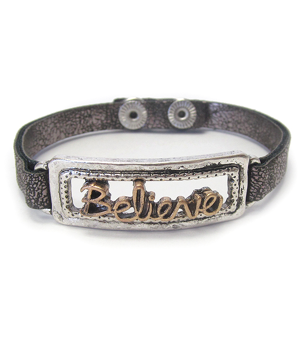 Religious inspiration vintage metal leather band bracelet - believe