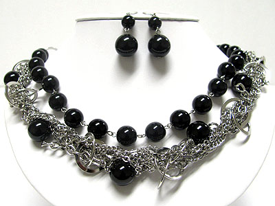Pearl ball and multi chain braided necklace set 