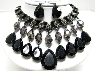 Facet glass stone drop crystal on fabric and metal chain  neckalace set