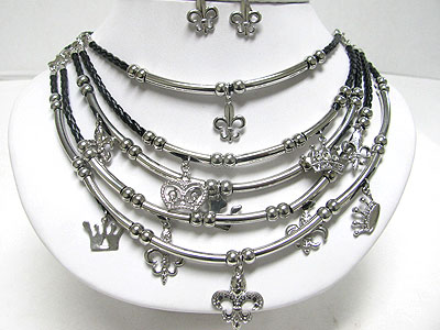 Fleur de lis and crown charm 5 row metal tube and bradied cord link necklace set