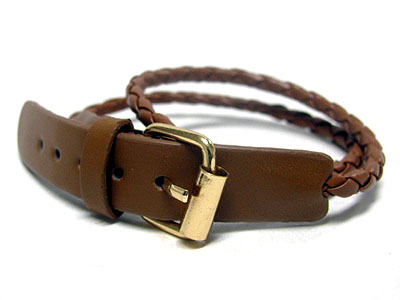 Belt style braided leather band bracelet