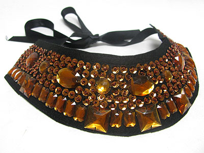 Facet glass and sequins deco chiffon ribbon backing bib style necklace