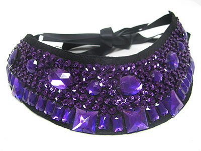 Facet glass and sequins deco chiffon ribbon backing bib style necklace