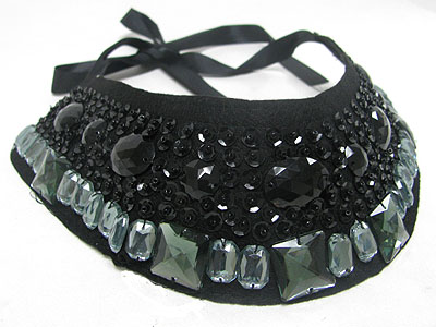 Facet glass and sequins deco chiffon ribbon backing bib style necklace
