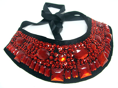 Facet glass and sequins deco chiffon ribbon backing bib style necklace