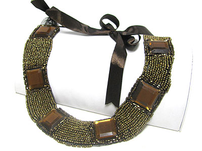 Facet glass and multi row seed beads deco chiffon ribbon backing long necklace